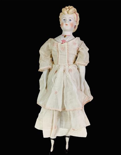 Emma Clear Parian shoulder head lady. 18 1/2" doll with molded and painted hair and facial features, fancy blonde hairstyle, pierced ears, molded and 