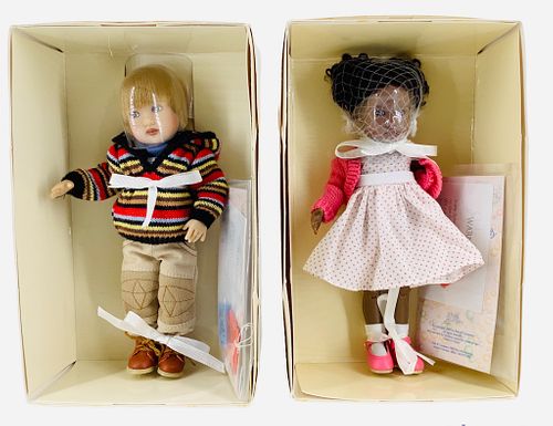 (2) Kish & Company Riley's World dolls. Includes "Jada" and "D.J.", both 8" multi-jointed in original boxes with COA's. Dolls have not been removed fr
