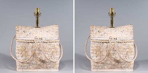 Pair of Woven Reed Satchel Lamps