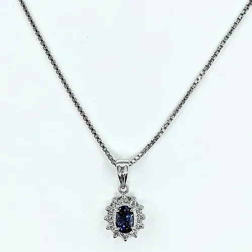 Classic Sapphire & Diamond Halo Pendant Necklace - Platinum