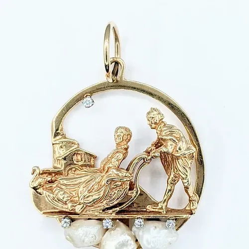 Beautifully Detailed Gold, Pearl & Diamond "Sleigh Ride" Pendant