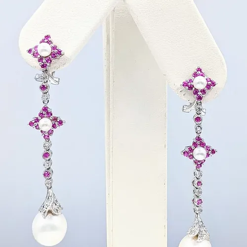 Long Cultured Pearl, Diamond & Pink Sapphire Earrings