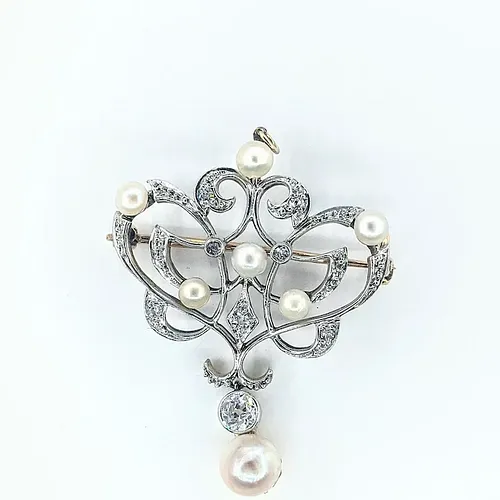 Belle Epoque Diamond & Cultured Pearl Brooch / Pendant