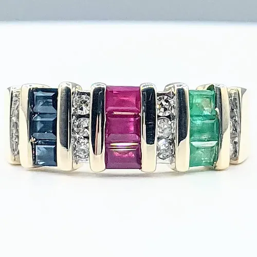 Stylish Emerald, Ruby, Sapphire & Diamond Fashion Ring