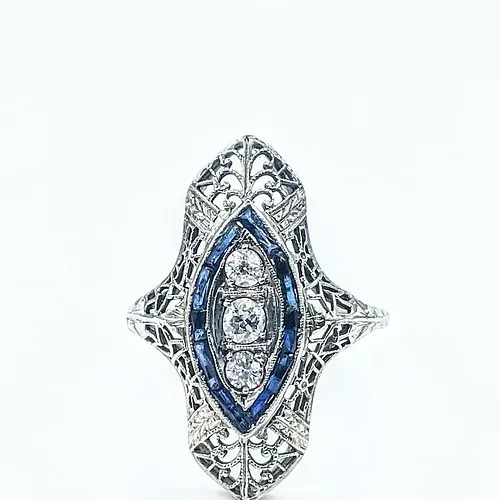 Exquisite Art Deco Diamond & Synthetic Sapphire Navette Ring - 18K White Gold