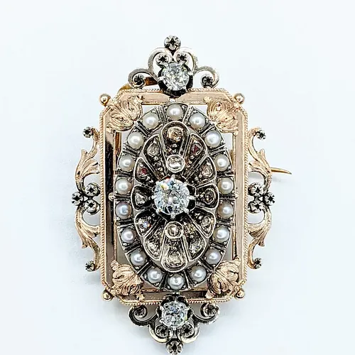 Elaborate Old Cut Diamond & Pearl Brooch / Pendant