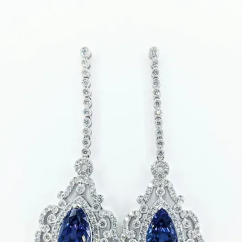 Dazzling Tanzanite & Diamond Long Dangle Earrings - 18K White Gold