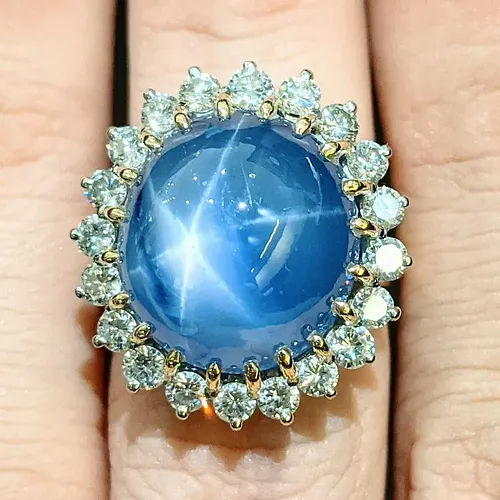 32 Carat Unheated Ceylon Star Sapphire & Diamond Cocktail Ring