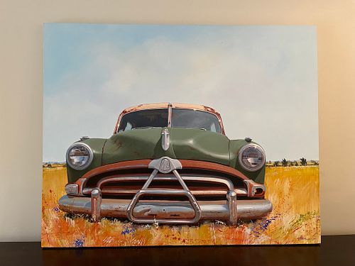 Large Scale Signed HAROLD PICKERN Oil on Canvas of Green Car Titled "Hornet"