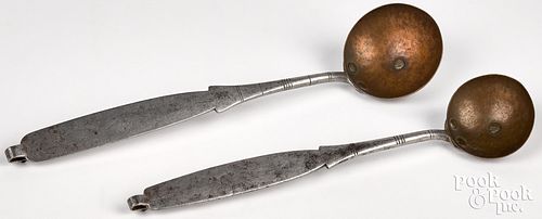 Two wrought iron and copper tasting ladles, 19th c