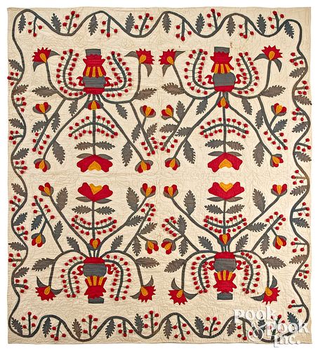 Unusual four block cotton appliqué quilt, ca. 1910