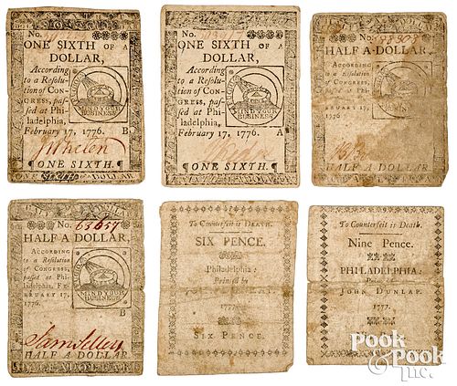 Six colonial currency notes
