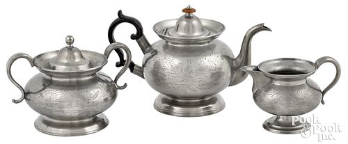 New York pewter three-piece tea service, ca. 1840
