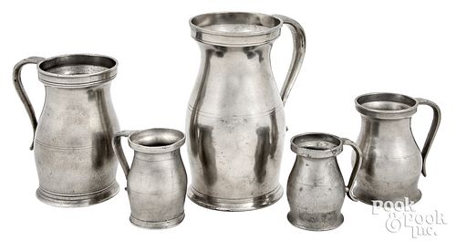 Five graduated pewter measures, 19th c.