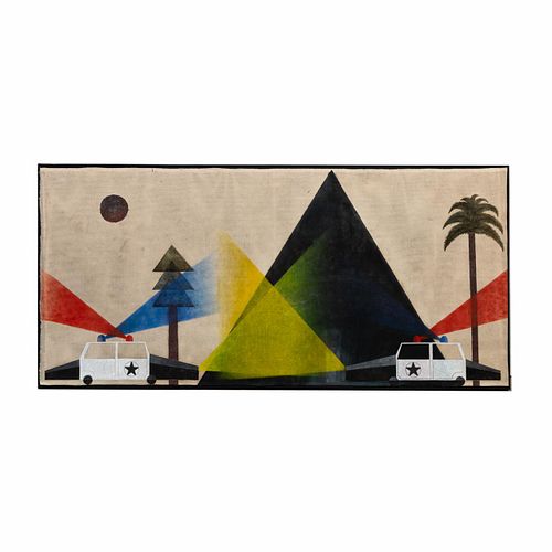 MOUNTAIN LANDSCAPE W/ POLICE CARS M/M ON FABRIC