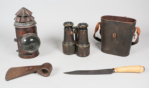 Knife, Hatchet, Dietz Oil Lamp & Binoculars