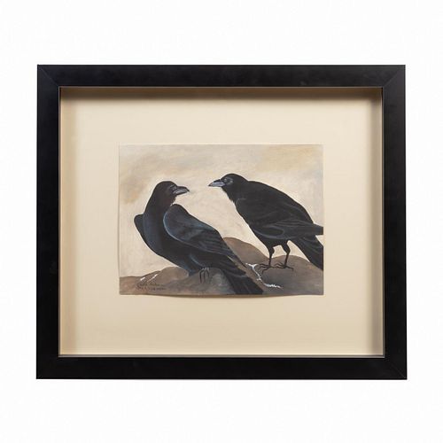 LINDA ANDERSON, "TWO CROWS" M/M ON PAPER, FRAMED