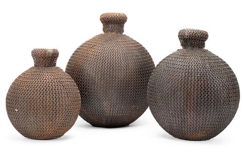THREE ASIAN CHAIN MAIL COVERED METAL VESSELS
