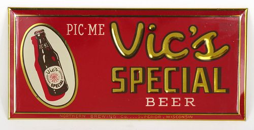 1940 Vic's Special Beer Tin-Over-Cardboard TOC Sign Superior, Wisconsin