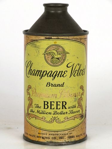 1949 Champagne Velvet Brand Beer 12oz 157-07 High Profile Cone Top Terre Haute, Indiana
