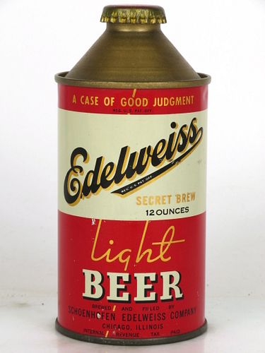 1940 Edelweiss Light Beer 12oz 160-28a High Profile Cone Top Chicago, Illinois