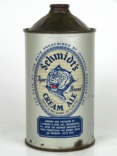 1946 Schmidt's Cream Ale 32oz One Quart 218-18 High Profile Cone Top Philadelphia, Pennsylvania