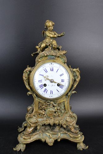 Tiffany Signed Bronze Clock With Cherub Finial.