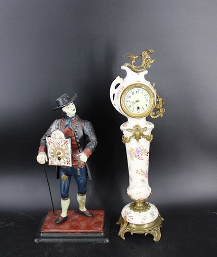 Antique Tole Figural Clock Together With A
