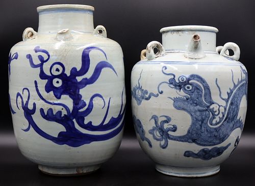 (2) Antique Asian Blue and White Wine Vessels.