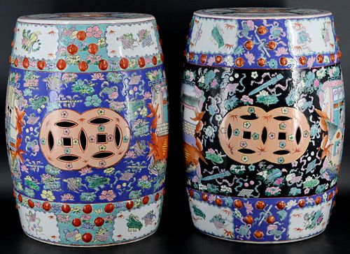 Pair of Chinese Enamel Decorated Garden Stools.