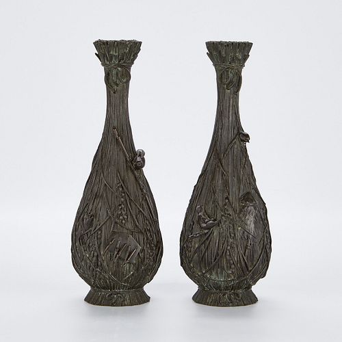 Pr Meiji Japanese Bronze Vases Marked