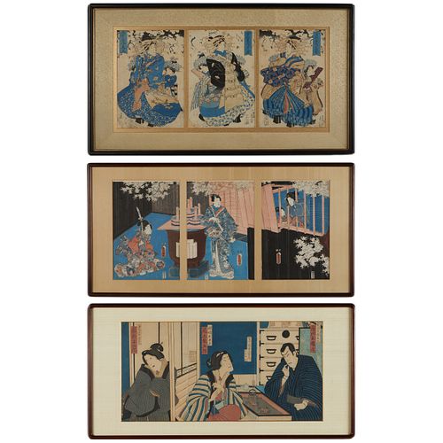 Grp: 3 Japanese Woodblock Triptychs Kuniyoshi, Chicoshige, Toyokuni
