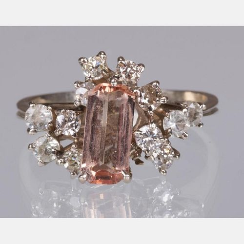 A 10kt. White Gold, Morganite and Diamond Melee Ring,
