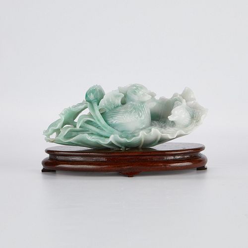 Chinese Green and White Jade Duck w/ Lotus