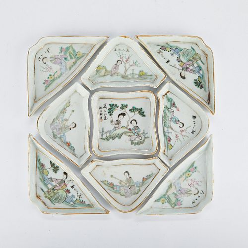 Chinese Porcelain Sweet Meat Set w/ Painted Glass Case