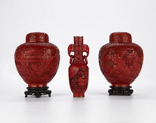 Grp: 3 Chinese Cinnabar Lacquer Ginger Jars and Vase