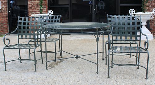Vintage Patinated Metal Table & 4 Chairs .