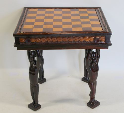 Vintage Figural Wood Chess Table and Set
