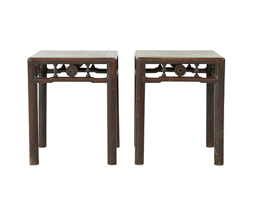Pr. 19th c. Chinese Rosewood Stands Marble Inserts