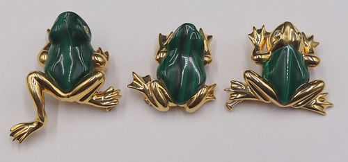 JEWELRY. (3) Signed 18kt Gold and Malachite Frog