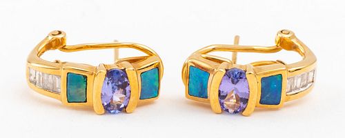 14K Yellow Gold Amethyst, Opal & Diamond Earrings
