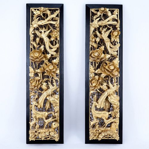 Pr Chinese Giltwood Deep Relief Carved Panels