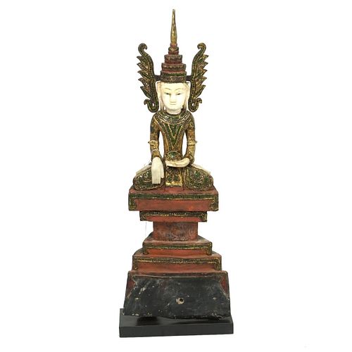 Burmese Alabaster Polychrome Wood Buddha