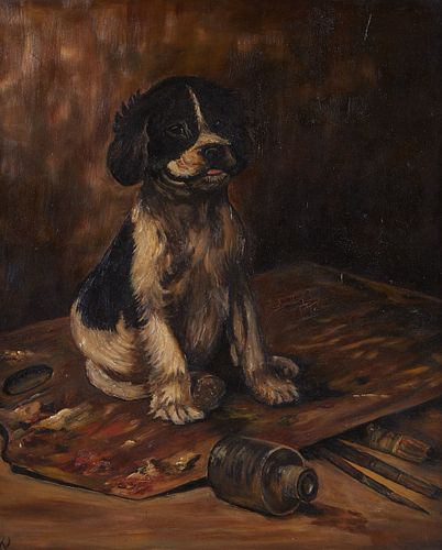 Oil on Board Painting Dog w/ Artist's Palette