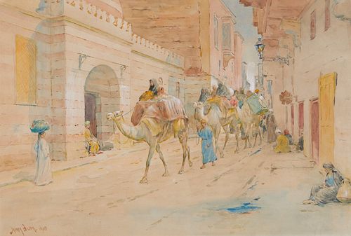 Henry Bacon Watercolor Camels Street Scene