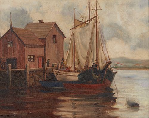 Harold Wolcott Harbor Scene Oil on Canvas