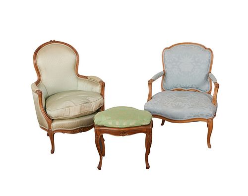 2 Upholstered French Armchairs w/ Stool