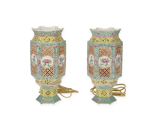 A pair of Chinese famille rose porcelain table lamps