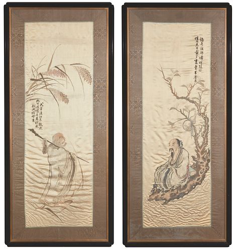 A pair of Chinese silk embroidery textile panels