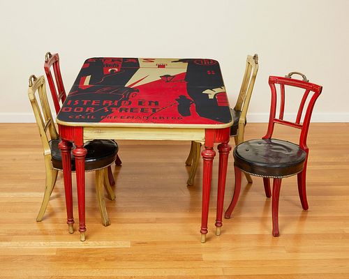 A contemporary custom painted dining table with chairs